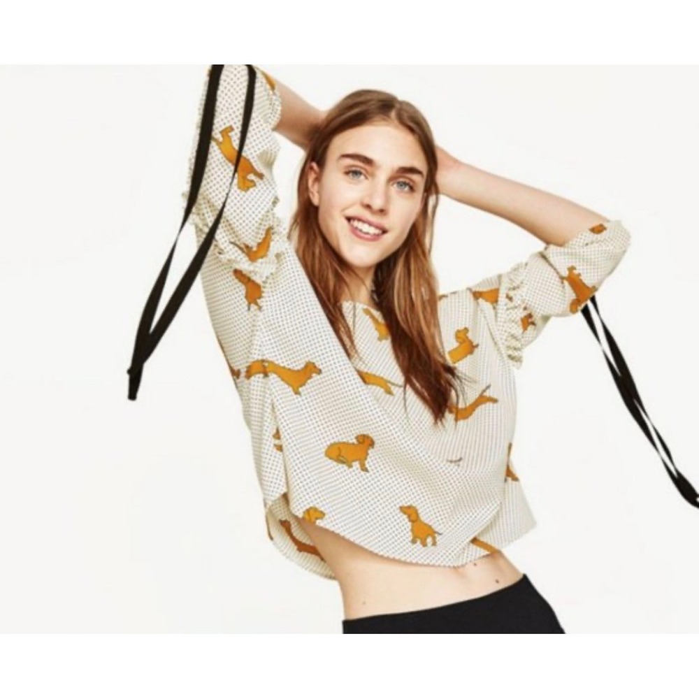 Zara Woman‎ Dachshund Dog Polka Dot Blouse Cream Yellow Small Ruffle Tie Sleeve